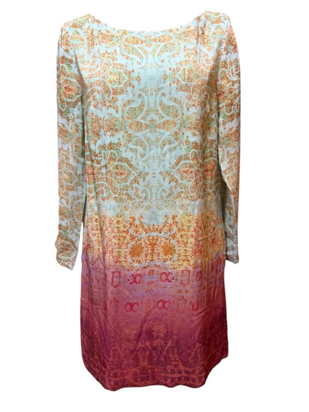 Anthropologie Maeve Long-Sleeve Ombre Paisley Shift Dress in Mint, Coral Pink